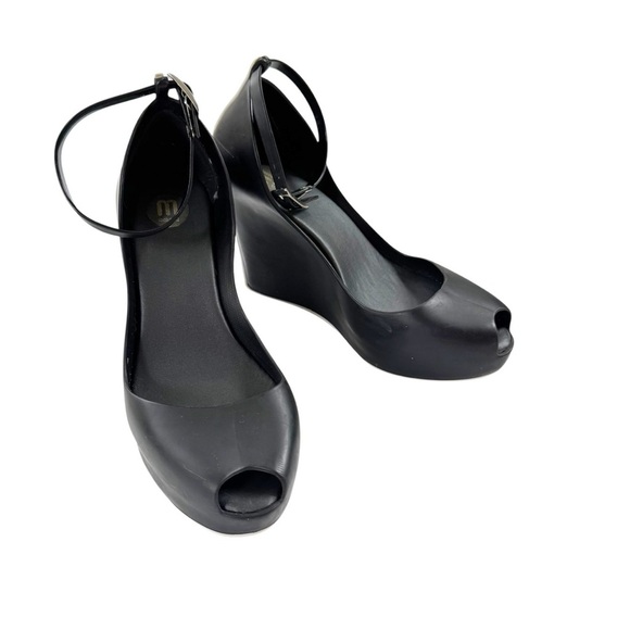 Melissa Black and White Patchuli Peep Toe Jelly Ankle Strap Wedge Shoe Size 6 - Picture 3 of 12